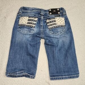 MISS ME BERMUDA Girls Sz 12 Denim Leather Rhinestone‎ Stud USA Flag Jean Shorts